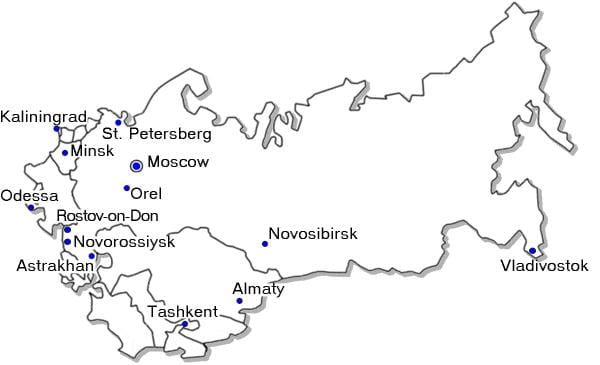 mapa da Rússia, com grandes cidades
