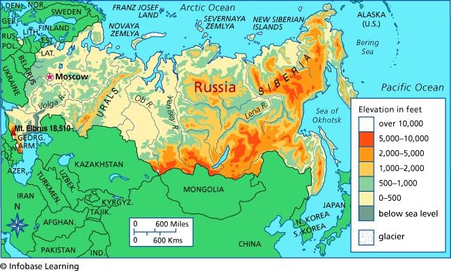 mapa de elevação da Rússia