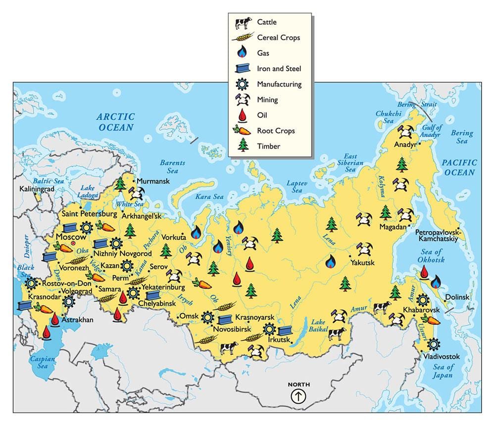 mapa de recursos da Rússia