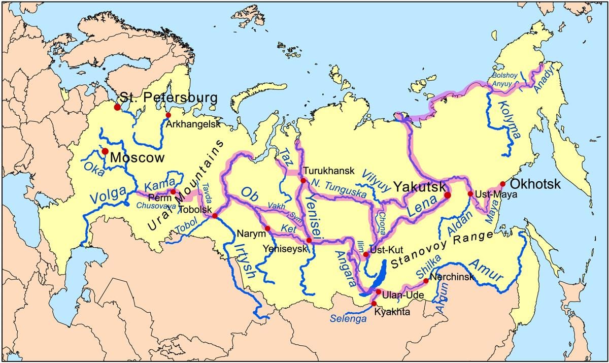 mapa de rios na Rússia
